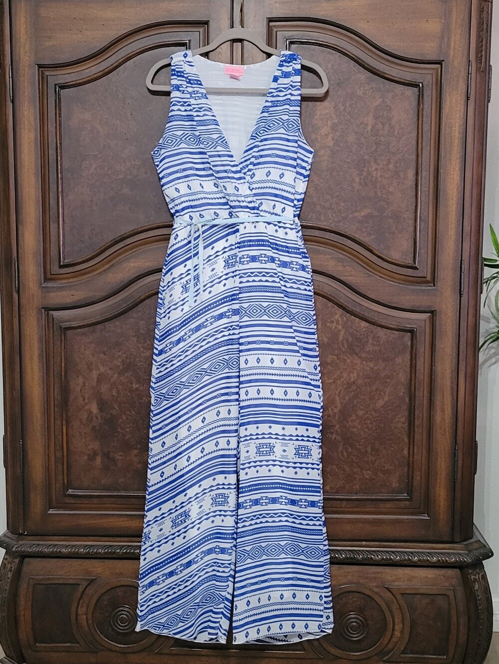 She's Cool Blue and White Sleeveless V-Neck Maxi Jumpsuit with Tie Waist